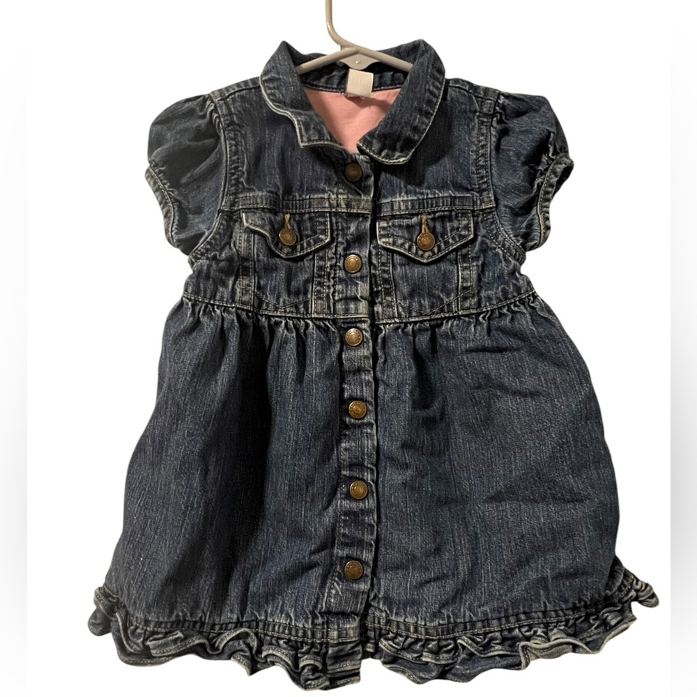 GAP baby girl Jean denim dress  pink cotton lining 12-18 month ruffle edge Y2K